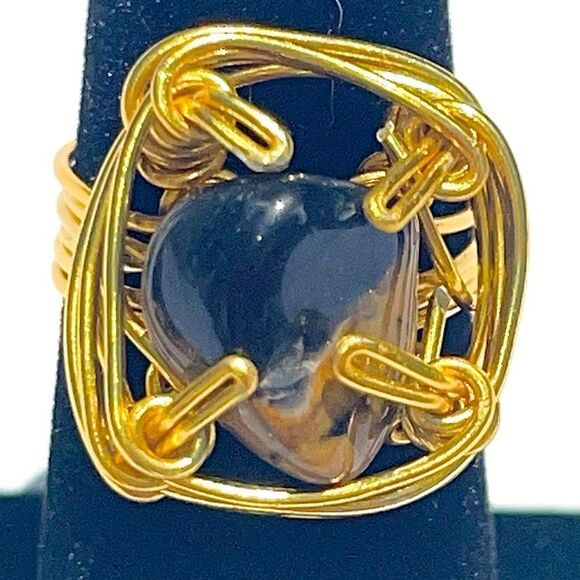 🔥 NATURAL ONYX  WIREWRAPPED GENUINE GEMSTONE CHUNKY RING 🔥 - Picture 1 of 7
